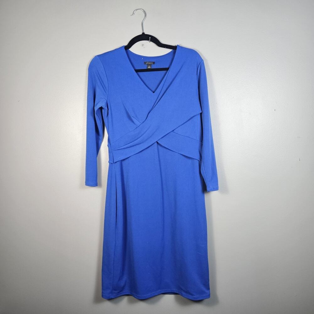 Ann Taylor Faux Wrap Dress Long Sleeve Blue Midi Stretch Women's Size‎ 4